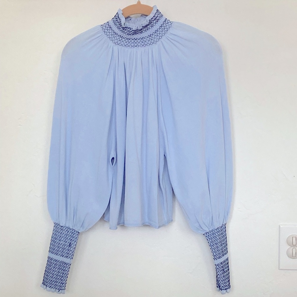 Robin’s egg blue, balloon sleeve sweater w/ smocked neck and sleeves.  Worn 2X